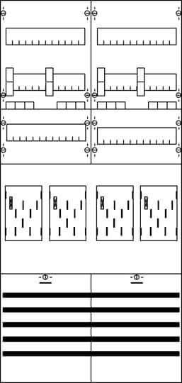 Diagramm mit elektrischen Schaltkreisen, zeigt horizontale Reihen von Sicherungen und Leistungsschaltern, strukturiert in Quadraten.