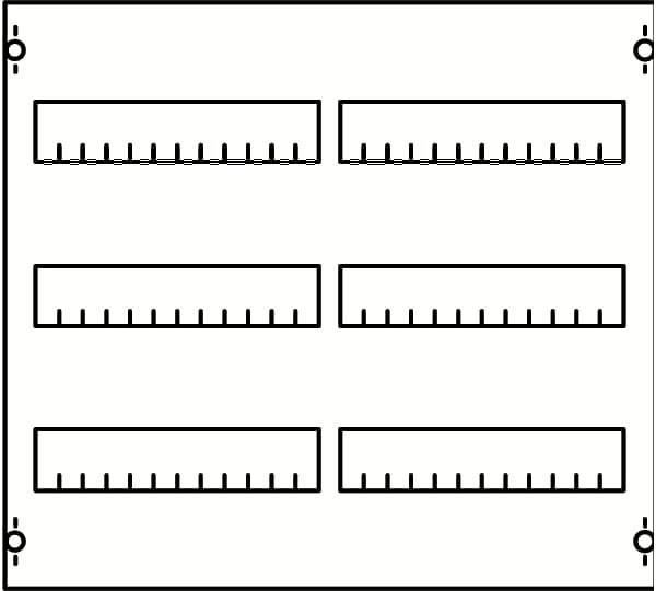 Diagramm eines Serverschranks mit sechs Reihen eines unidentifizierten Bauteils.