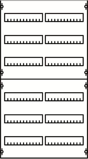 Ein Diagramm mit zwei übereinander liegenden Rechtecken, die mehrere gleichmäßig verteilte, vertikale Balken enthalten.