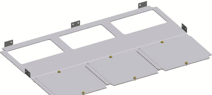 Ein rechteckiges Metallblech mit drei rechteckigen Aussparungen oben und drei Scharnieren unten, möglicherweise ein Teil einer Gehäusestruktur.