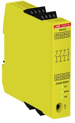 Gelbes Sicherheitsrelais ABB SSR20M, Modell Sentry, mit mehreren Anschlüssen und LEDs zur Statusanzeige.