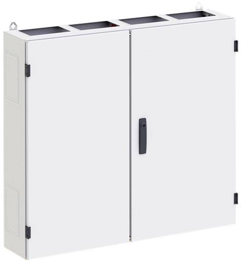 Ein weißer, rechteckiger Metallschrank mit zwei Türen und einem schwarzen Griff, geeignet zur Wandmontage. Es gibt keine sichtbaren Inhalte.