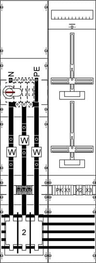 Elektroschaltplan: Zeigt einen Schaltkreis mit mehreren Leitungs- und Sicherungselementen, einem Drehschalter und einem Messgerät oben.