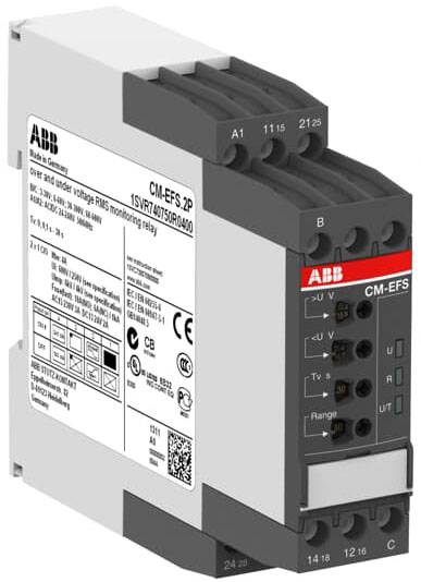 Ein Spannungsüberwachungsrelais von ABB mit Modellnummer 'CM-EFS.2P'. Es überwacht Über- und Unterspannung an elektrischen Geräten.