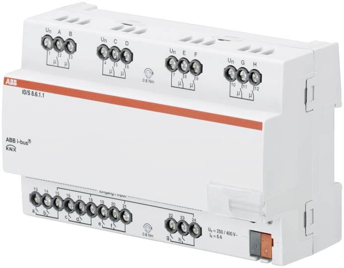'ABB i-bus KNX Modul' zur automatischen Gebäudeüberwachung, zeigt mehrere Anschlüsse für elektrische Steuerungssysteme.