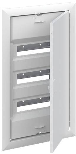 Gehäuse mit offener Tür und leeren Halterungen, geeignet für elektrische Installationen, in einem weißen Rechteckrahmen.