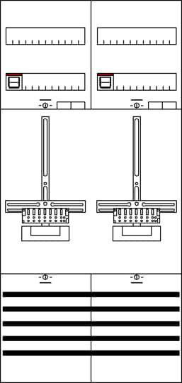 Diagramm mit zwei elektrischen Schaltkreisen übereinander. Jeder enthält einen Schieberegler, Symbole und horizontale Linien.