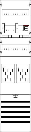 Ein vertikales Bedienfeld mit mehreren Schaltern und Anzeigen; darunter zwei gleich große Segmente mit vertikalen Strichen.