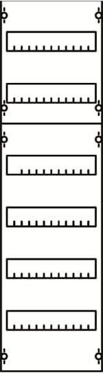 Diagramm mit sechs horizontalen Linien in einem Rechteck, je mit kurzen vertikalen Strichen oben, die gleichmäßig verteilt sind.