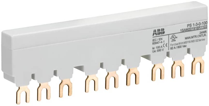 Ein elektrischer Phasenschienenverteiler mit vier Kupferverbindern und einem weißen Gehäuse, von ABB, für industrielle Anwendungen.