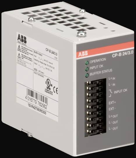 Industriegerät von ABB mit Beschriftung 'CP-B 24/3.0'. Enthält Anschlüsse und Statusanzeigen für Betrieb, Eingang und Pufferstatus.