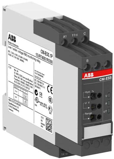 Elektronisches Überwachungsrelais der Marke ABB, Modell CM-ESS.1P, zur Überwachung von Spannungen mit technischen Spezifikationen auf der Seite.