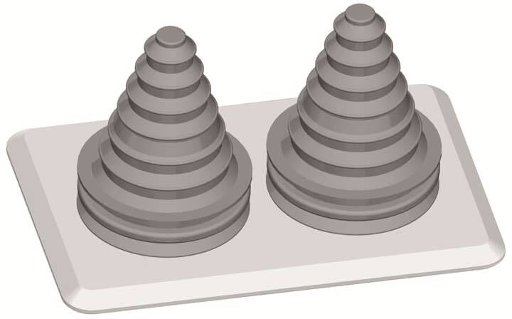 Zwei gestapelte Kegel in Grautönen auf rechteckiger Basis, geometrisches Design, möglicherweise als 3D-Modell dargestellt.