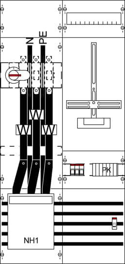 Elektroschaltplan mit Beschriftungen: 'N', 'PE', 'NH1', zeigt Verdrahtung und Sicherheitsschalter.