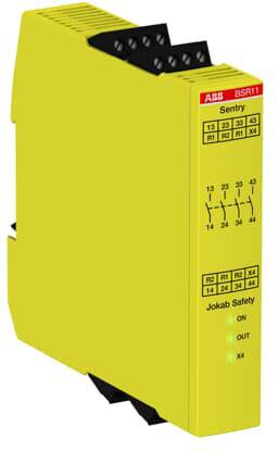 Gelbes Sicherheitsrelais der Marke ABB Sentry, Modell BSR11, mit mehreren Anschlussklemmen und einer LED-Anzeige für Status.