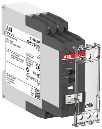 Industrie-Zeitrelais der Marke ABB mit Anzeigedisplay und mehreren Anschlüssen. Verwendet in Steuerungssystemen für Zeitverzögerungen.