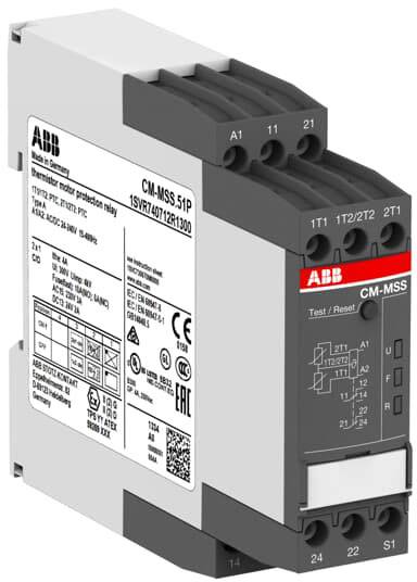 Zweikanaliges ABB CM-MSS.51P Motor-Schutzrelais mit Grafik und technischen Spezifikationen auf der linken Seite.