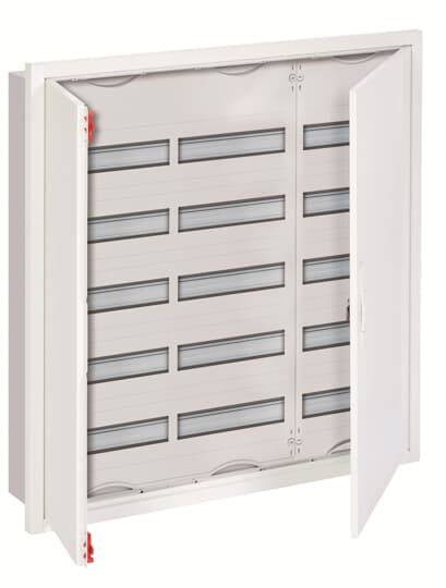 Ein geöffneter Verteilerkasten mit mehreren waagerechten Fächern. Die Türen sind halb geöffnet, rote Scharniere sichtbar an den Kanten.