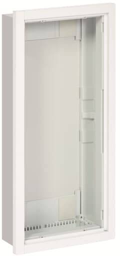 Weiße, rechteckige Verteilerbox mit offenem Inneren. Geeignet zur Aufnahme von elektrischen Komponenten oder Sicherungen in einem Gebäude.