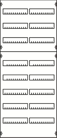 Ein Diagramm zeigt zwei identische Reihen von rechteckigen Kästen, jeweils mit elf vertikalen, gleichmäßigen Markierungen.