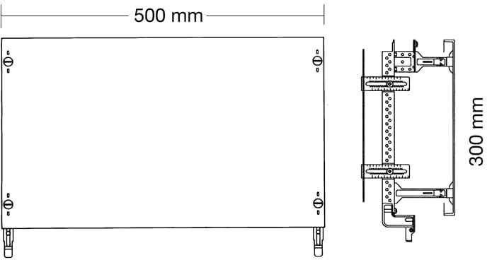 Technische Zeichnung eines rechteckigen Geräts mit den Maßen 500 mm x 300 mm, inklusive Details zu Befestigung und Komponenten.