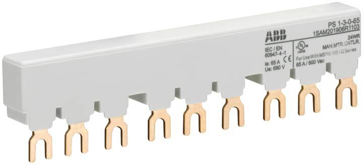 Ein grauer Sammelschienenverteiler von ABB mit acht Kupferanschlüssen. Geeignet für 690 V/24 A, Modellnummer 1SAM201901R1100.