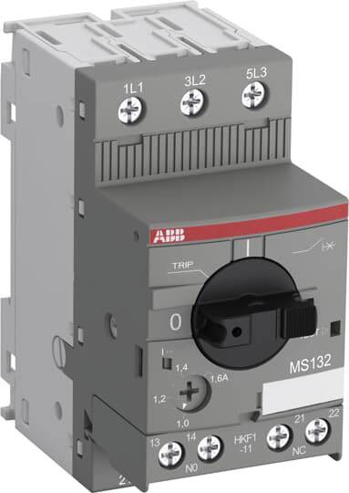 Abbildung eines grauen Schutzschalters mit Drehschalter und mehreren Anschlüssen an der Seite, geeignet für elektrische Steuerungen.