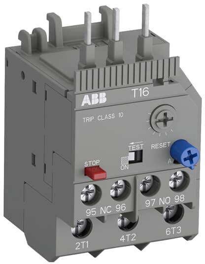 Ein graues ABB T16 Motorschutzgerät mit mehreren Anschlüssen und Tasten für Stop, Test und Reset. Es hat die Trip-Klasse 10.