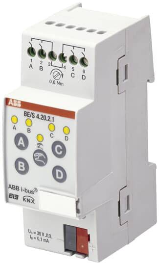 Ein KNX-Busankoppler von ABB, Modell BE/S 4.20.2.1, mit Anschlüssen A bis D und Bedientasten.