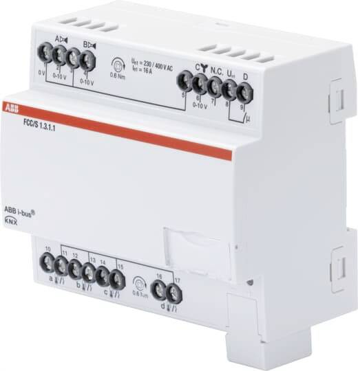 Ein KNX Schaltaktor von ABB mit mehreren Anschlüssen und Beschriftungen für die Integration in Gebäudesteuerungssysteme.