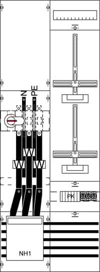 Schema eines elektrischen Verteilerschranks mit Kabeln, Sicherungen und Schaltern. Bezeichnungen der Anschlüsse: N, PE.