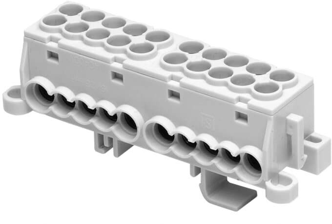 Ein grauer elektrischer Steckverbinder mit mehreren runden Anschlüssen. Er ist rechteckig und hat Befestigungselemente an den Seiten.