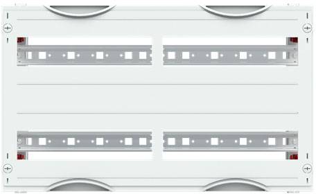Leeres elektrisches Verteilergehäuse mit vier horizontalen DIN-Schienen, geeignet für die Aufnahme von Sicherungen und elektronischen Geräten.