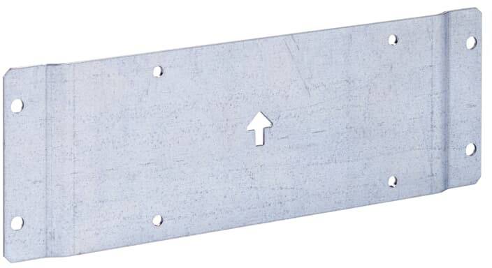 Metallplatte mit Löchern an den Rändern und einem Pfeil in der Mitte, der nach oben zeigt.
