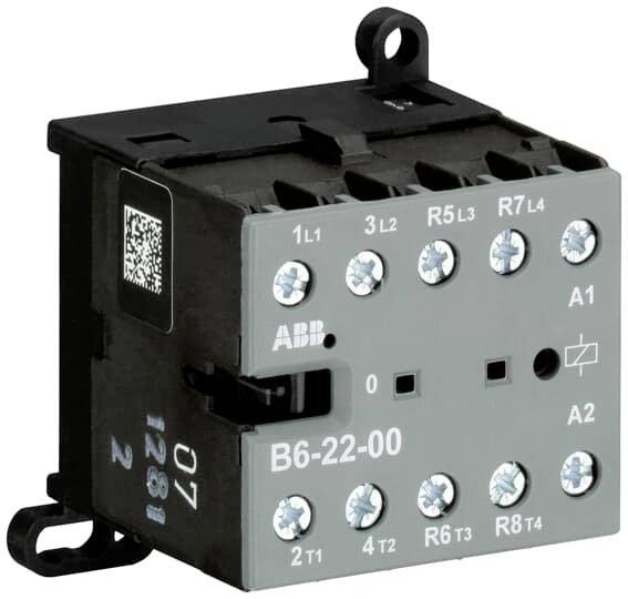 Schütz ABB B6-22-00 in Schwarz und Grau, zeigt Anschlüsse und Beschriftungen. Geeignet zur Steuerung elektrischer Schaltungen.