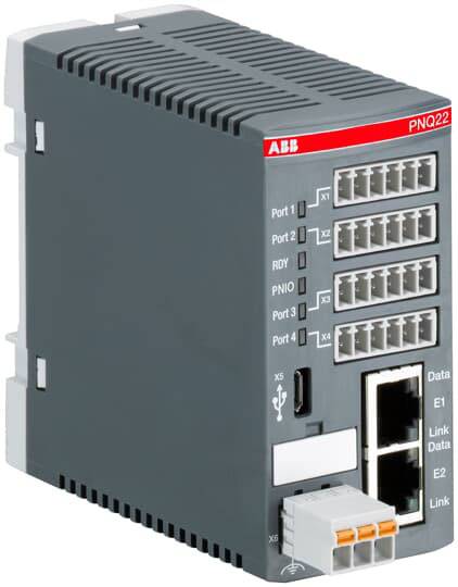 Bild eines grauen Elektronikgeräts mit mehreren Ports und Anschlüssen, beschriftet mit 'ABB PNQ22'.