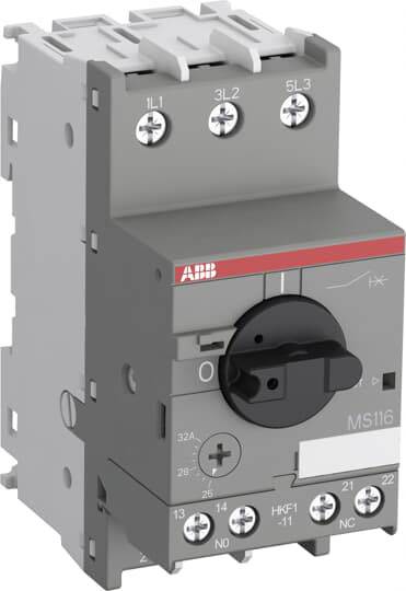 Grauer Motorschutzschalter mit Drehknopf und roten sowie weißen Markierungen, geeignet für industrielle Anwendungen.