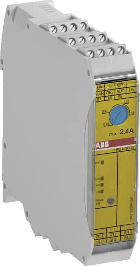 Ein schmaler, grauer elektrischer Schutzschaltgerät von ABB mit gelber Front und blauer Einstellschraube, max. 2,4A.