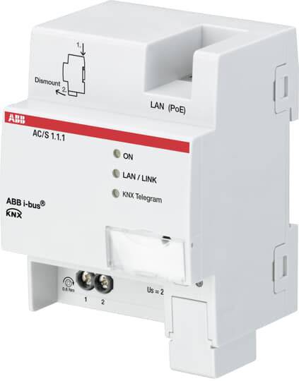 Ein KNX IP-Router von ABB, Modell AC/S 1.1.1, mit LAN-(PoE)-Anschluss und Status-LEDs für Betrieb, LAN/LINK und KNX-Telegramme.