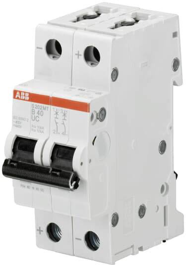 Ein zweipoliger Leistungsschalter von ABB mit der Beschriftung 'B40' und Symbole für die elektrische Spezifikation.
