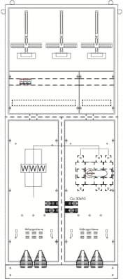Schaltschema mit drei Schalthebeln oben, Beschriftung 'WWW' in der Mitte, symmetrische Schaltungen und elektrische Komponenten unten.