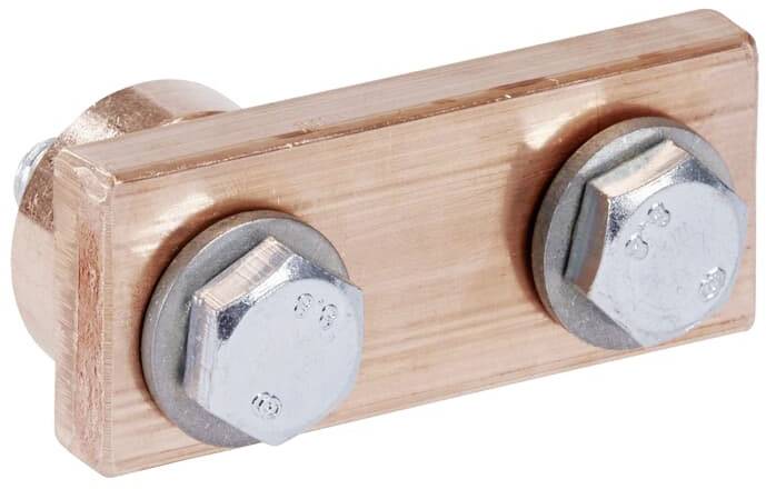 Kupferschiene mit zwei Sechskantschrauben, dient zur elektrischen Verbindung in Anlagen.