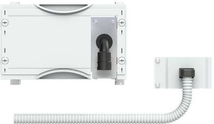 Ein elektrisches Anschlussgehäuse mit einem schwarzen Kabelanschluss auf der rechten Seite, verbunden durch einen flexiblen grauen Schlauch.