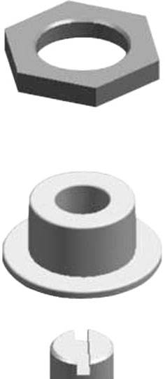 Eine Sechskantmutter, eine Buchse und ein Zylinder mit Schlitz, gestapelt in dieser Reihenfolge von oben nach unten.