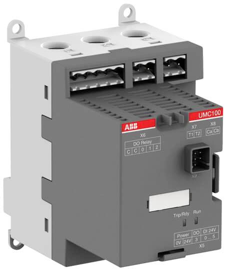 Ein industrielles Automatisierungsgerät von ABB, Modell UMC100, mit Anschlüssen und Bedienfeldknöpfen zur Steuerung elektrischer Systeme.