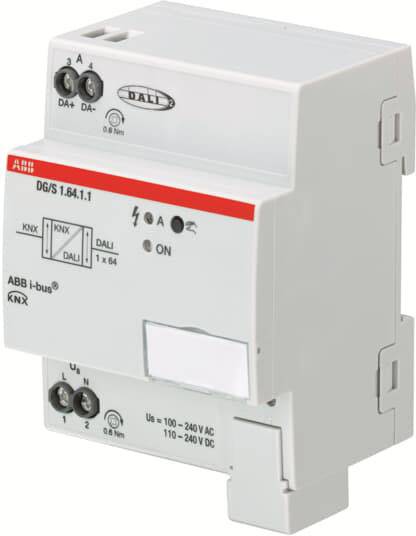 Ein ABB DALI-Gateway-Modul zur Steuerung von Beleuchtungssystemen. Zeigt Anschlüsse, Schalter und technische Spezifikationen.