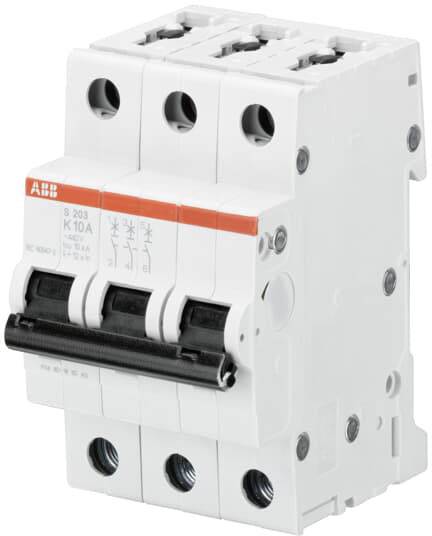 Dreipoliger Leistungsschutzschalter mit roten und weißen Details, zur Absicherung elektrischer Stromkreise in Haushalten oder Industrie.