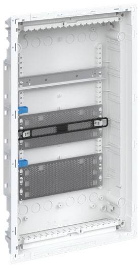 Rechteckiger, leerer Verteilerkasten aus Kunststoff mit mehreren Schienen zur Aufnahme elektrischer Komponenten, keine Verkabelung vorhanden.