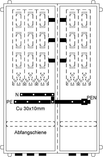 Schaltplan einer elektrischen Schaltanlage mit vertikalen und horizontalen Linien, Abfangschiene und Aufschrift Cu 30x10mm.