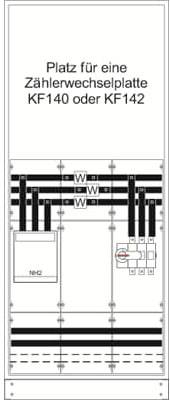 Schaltplanskizze mit Text: 'Platz für eine Zählerwechselplatte KF140 oder KF142'. Zeigt elektrische Komponenten und Verkabelung.